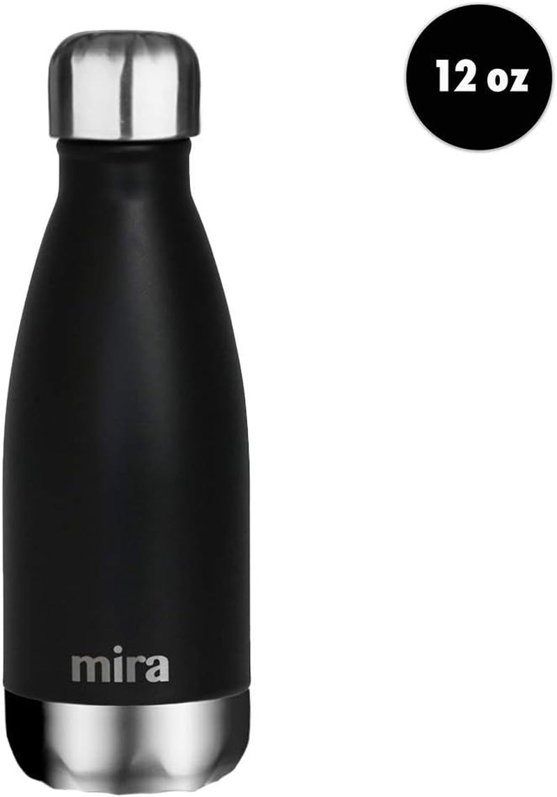 12 Oz Stainless Steel Vacuum Insulated Water Bottle - Double Walled Cola Shape Thermo - 24 Hours Cold, 12 Hours Hot - Reusable Metal Water Bottle - Kids Leak-Proof Sports Flask - Matte Black